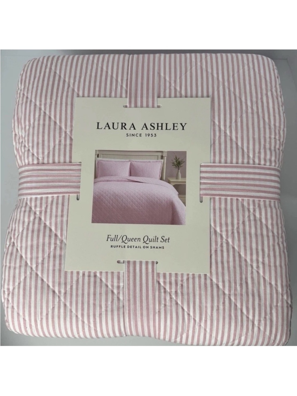 Laura Ashley Full/Queen Pink Oxford Stripe Reversible Cotton Quilt Set NWT